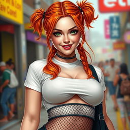 A realistic depiction of a woman with vibrant orange hair styled in two playful pigtails