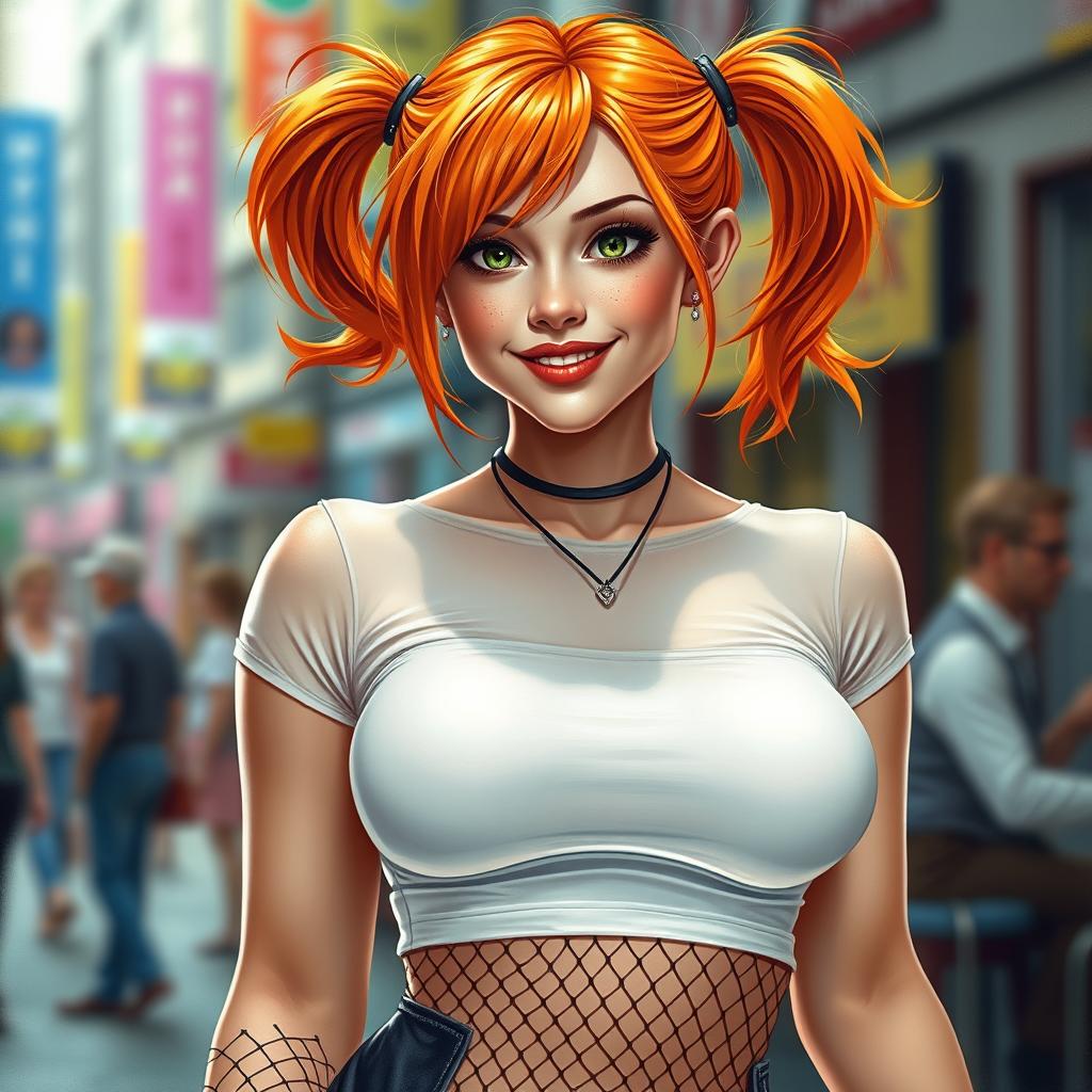 A realistic depiction of a woman with vibrant orange hair styled in two playful pigtails