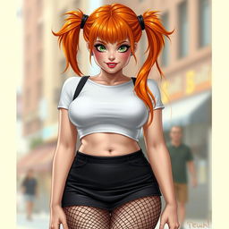 A realistic depiction of a woman with vibrant orange hair styled in two playful pigtails