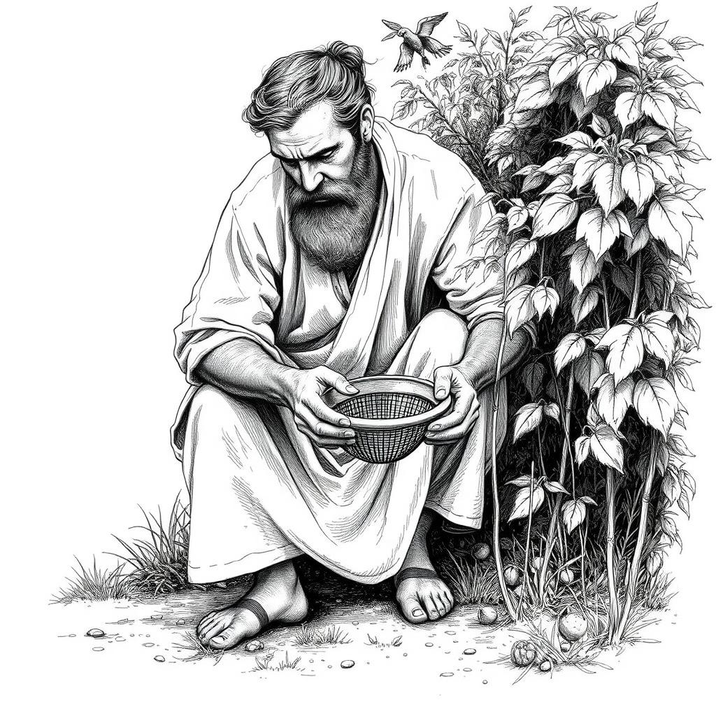 A black and white drawing of a bearded man dressed in simple linen clothes, with uncut hair, crouching behind a bush