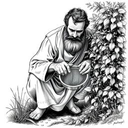 A black and white drawing of a bearded man dressed in simple linen clothes, with uncut hair, crouching behind a bush