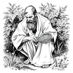 A black and white drawing of a bearded man dressed in simple linen clothes, with uncut hair, crouching behind a bush