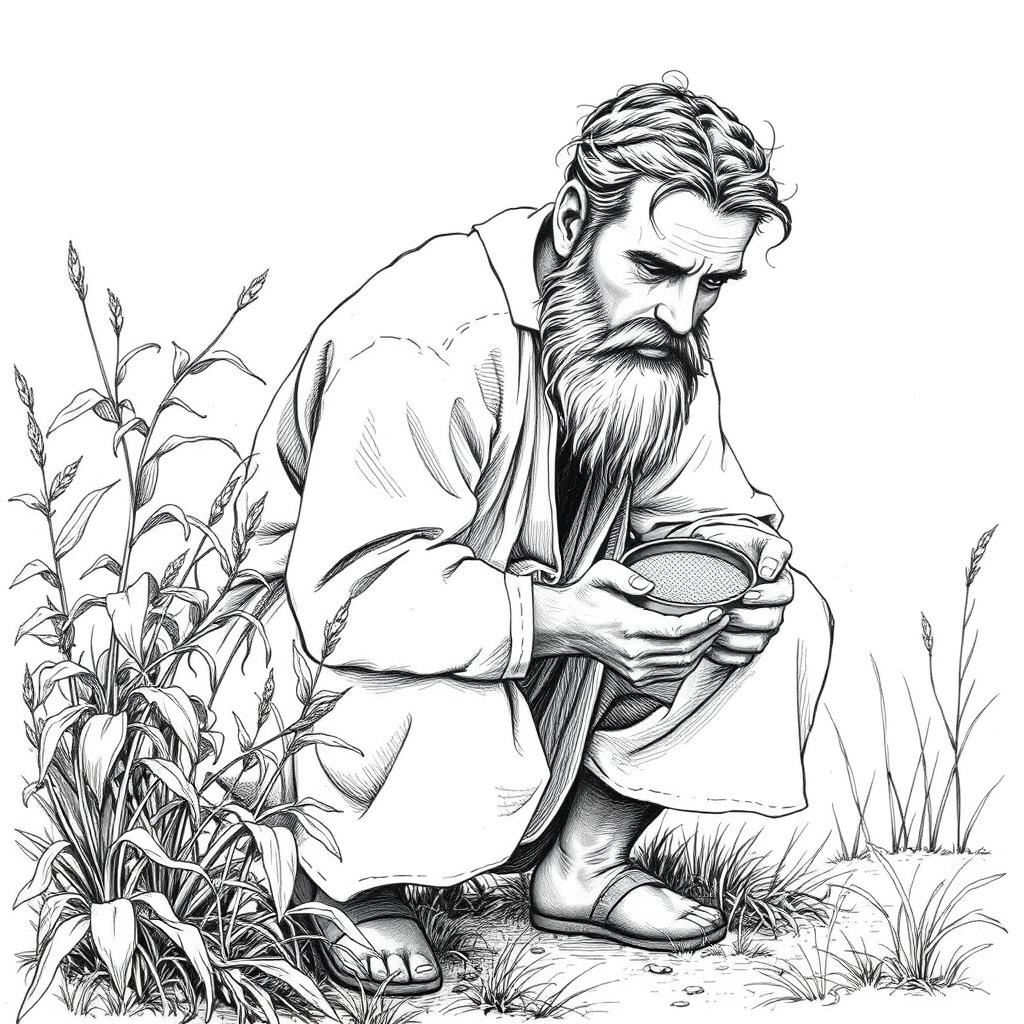 A black and white drawing of a bearded man dressed in simple linen clothes, with uncut hair, crouching behind a bush