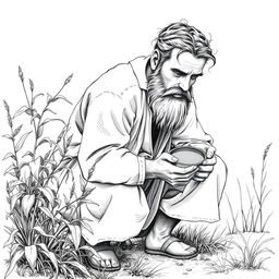 A black and white drawing of a bearded man dressed in simple linen clothes, with uncut hair, crouching behind a bush