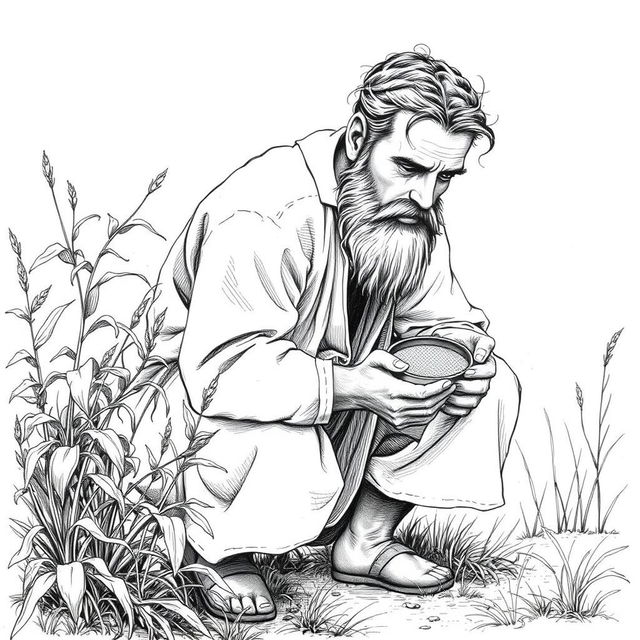 A black and white drawing of a bearded man dressed in simple linen clothes, with uncut hair, crouching behind a bush