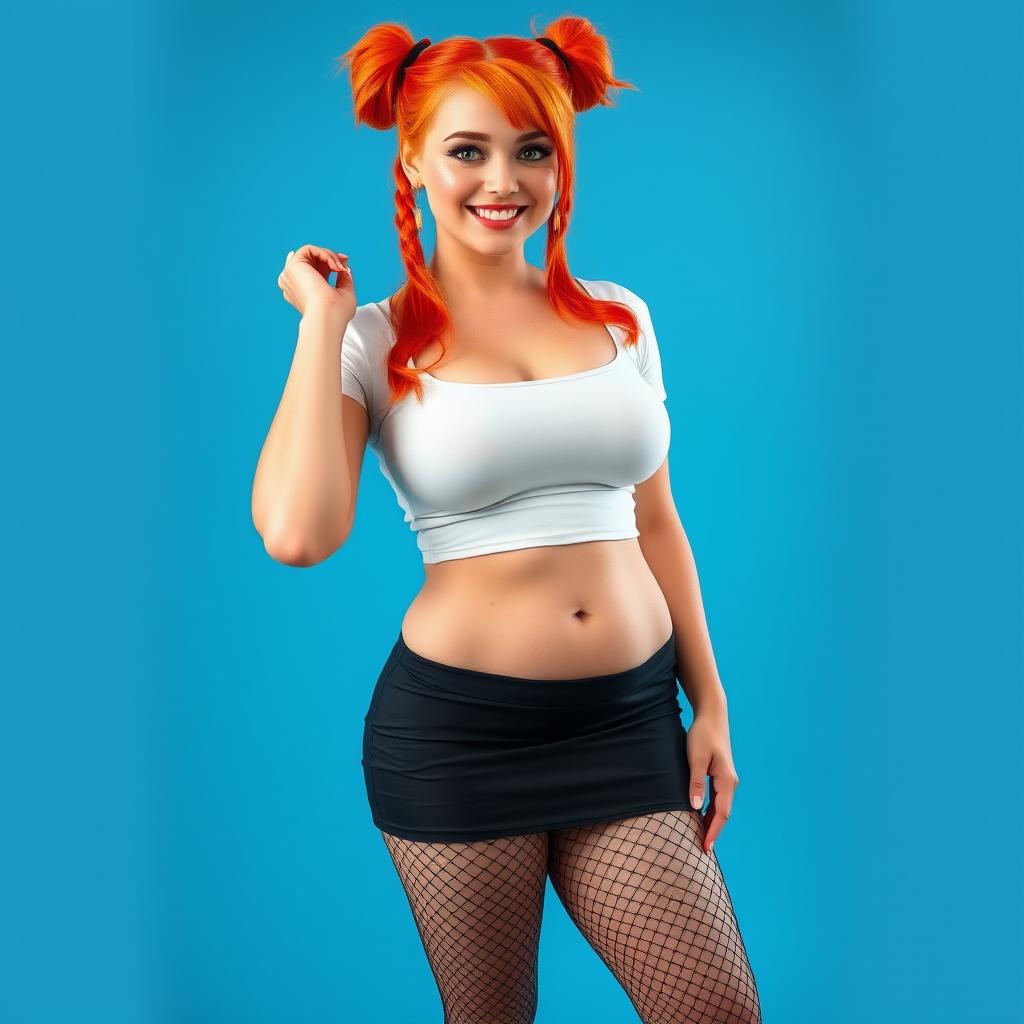 A realistic depiction of a sexy plus-size woman with vibrant orange hair styled in two playful pigtails