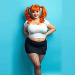 A realistic depiction of a sexy plus-size woman with vibrant orange hair styled in two playful pigtails