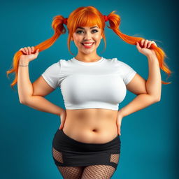 A realistic depiction of a sexy plus-size woman with vibrant orange hair styled in two playful pigtails