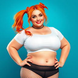 A realistic depiction of a sexy plus-size woman with vibrant orange hair styled in two playful pigtails