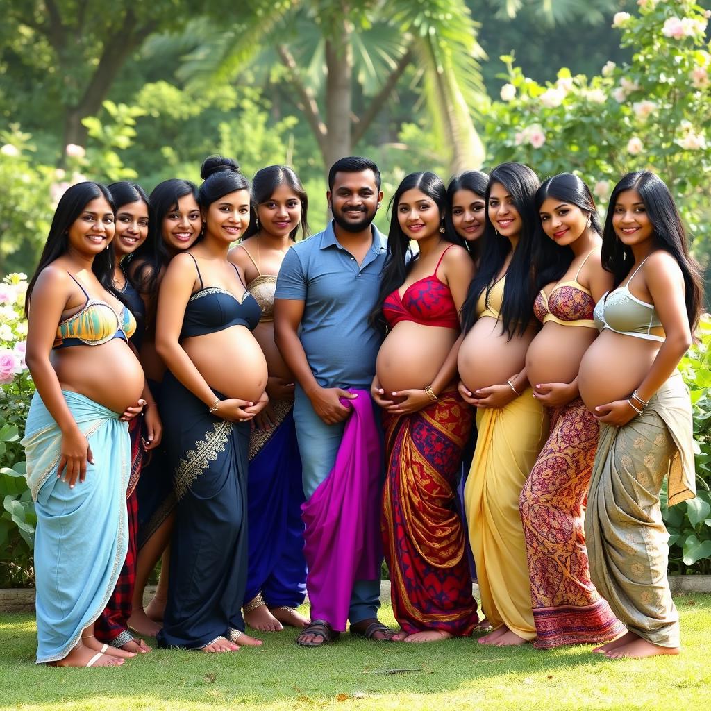 Ten pregnant women from Bangladesh, all wearing stylish and colorful lingerie, standing together in a serene outdoor setting