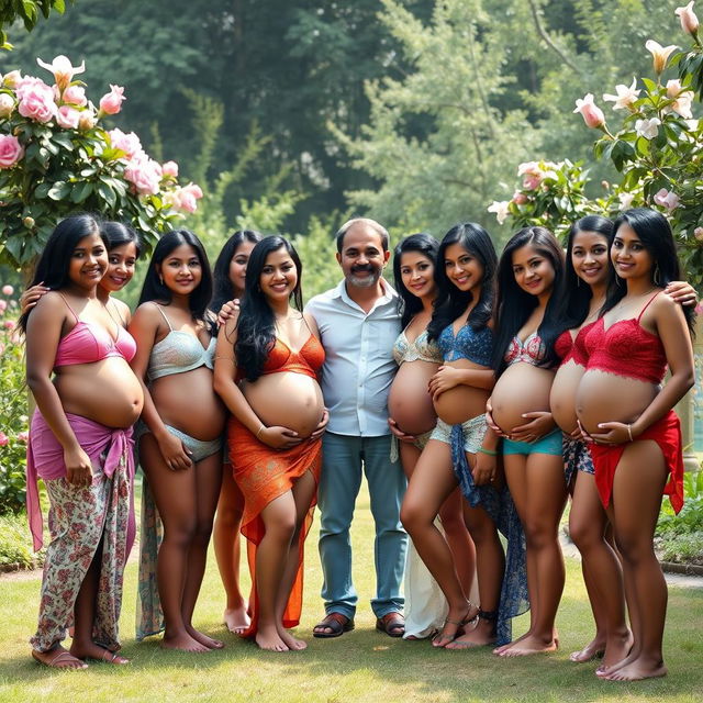 Ten pregnant women from Bangladesh, all wearing stylish and colorful lingerie, standing together in a serene outdoor setting