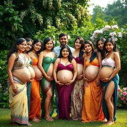 Ten pregnant women from Bangladesh, all wearing stylish and colorful lingerie, standing together in a serene outdoor setting