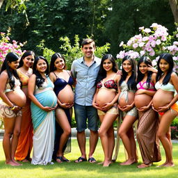 Ten pregnant women from Bangladesh, all wearing stylish and colorful lingerie, standing together in a serene outdoor setting