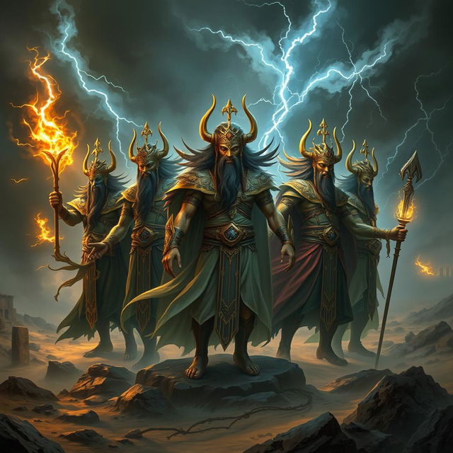 An artistic representation of the Seven Gods of Wesekh, depicted in a mystical, shadowy landscape filled with chaos