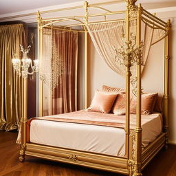 A luxurious bedroom fit for a princess with a canopy bed, fluffy pillows, velvet curtains, crystal chandelier, and decorative golden elements.