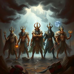 An artistic representation of the Seven Gods of Wesekh, depicted in a mystical, shadowy landscape filled with chaos