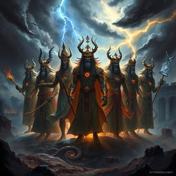 An artistic representation of the Seven Gods of Wesekh, depicted in a mystical, shadowy landscape filled with chaos