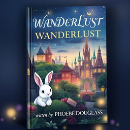 A whimsical book cover design showcasing an enchanted city with fantastical architecture and shimmering lights, all set against a twilight sky