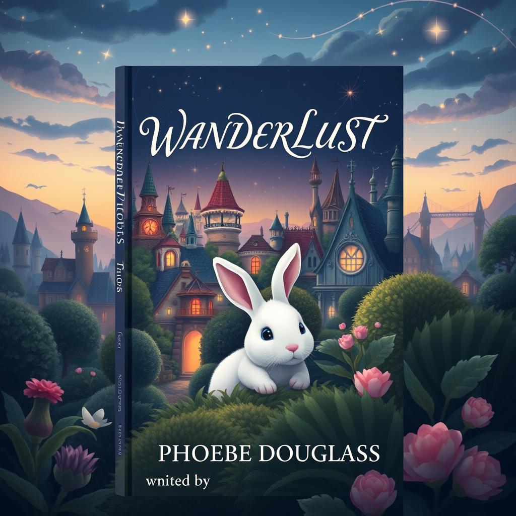 A whimsical book cover design showcasing an enchanted city with fantastical architecture and shimmering lights, all set against a twilight sky