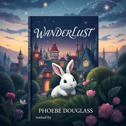 A whimsical book cover design showcasing an enchanted city with fantastical architecture and shimmering lights, all set against a twilight sky