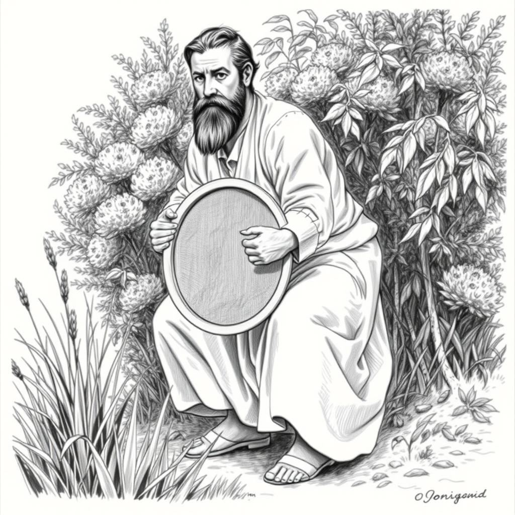 A black and white drawing of a bearded man dressed in simple linen clothes, with uncut hair, crouching behind a bush