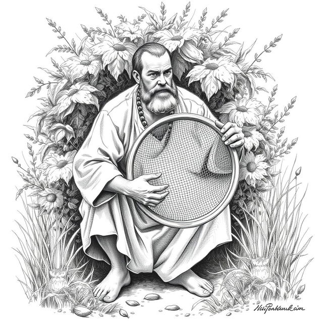 A black and white drawing of a bearded man dressed in simple linen clothes, with uncut hair, crouching behind a bush