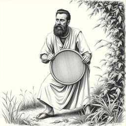 A black and white drawing of a bearded man dressed in simple linen clothes, with uncut hair, crouching behind a bush