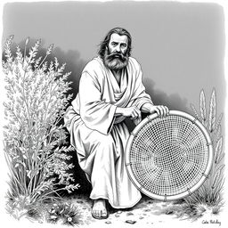 A black and white drawing of a bearded man dressed in simple linen clothes, with uncut hair, crouching behind a bush