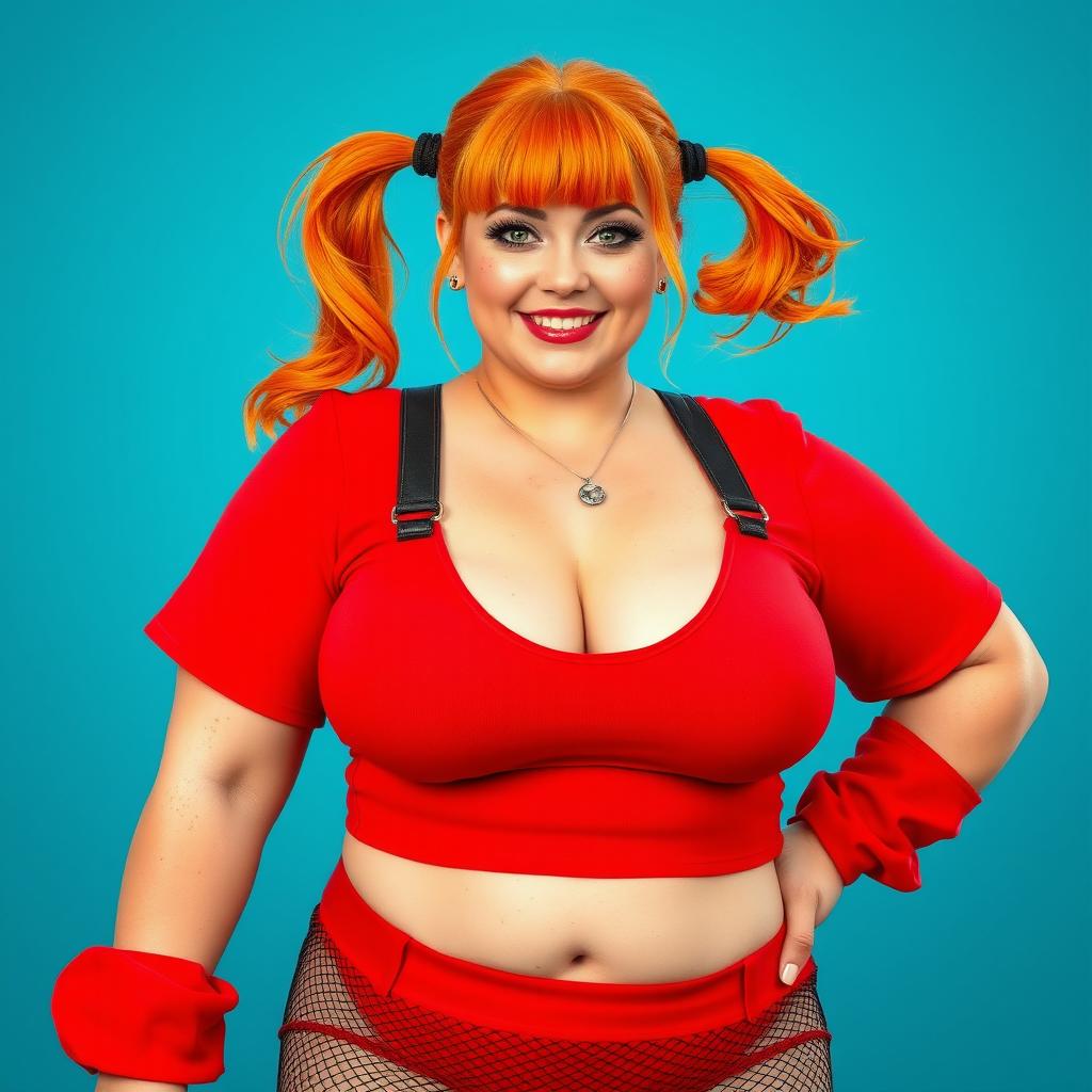 A full-body realistic depiction of a plus-size sexy woman with vibrant orange hair styled in two playful pigtails