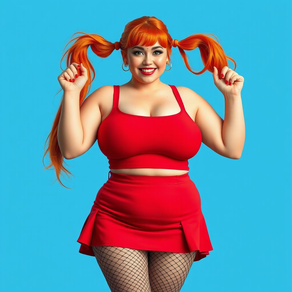 A full-body realistic depiction of a plus-size sexy woman with vibrant orange hair styled in two playful pigtails