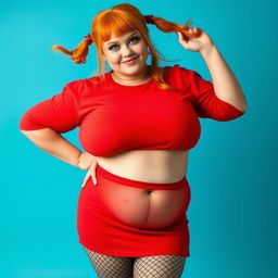 A full-body realistic depiction of a plus-size sexy woman with vibrant orange hair styled in two playful pigtails