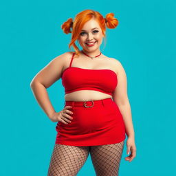 A full-body realistic depiction of a plus-size sexy woman with vibrant orange hair styled in two playful pigtails