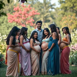 A distant outdoor scene capturing ten pregnant women from Bangladesh, all in elegant and colorful lingerie, standing together in a harmonious group