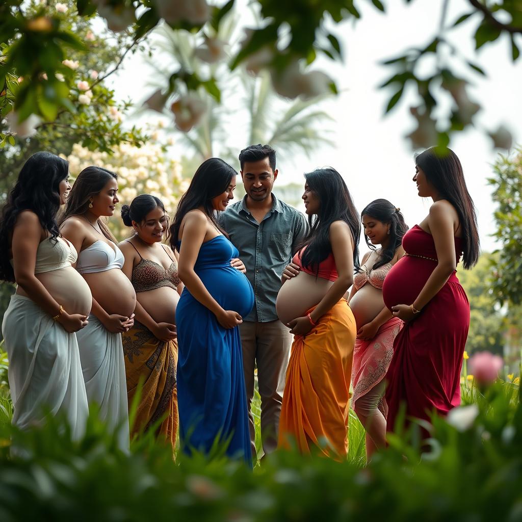 A distant outdoor scene capturing ten pregnant women from Bangladesh, all in elegant and colorful lingerie, standing together in a harmonious group