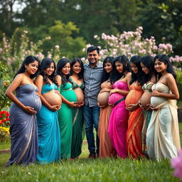 A distant outdoor scene capturing ten pregnant women from Bangladesh, all in elegant and colorful lingerie, standing together in a harmonious group