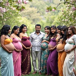 A distant outdoor scene capturing ten pregnant women from Bangladesh, all in elegant and colorful lingerie, standing together in a harmonious group