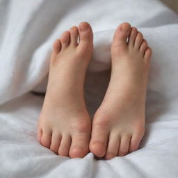 Realistic image of a young boy's feet, aged 18, beautifully maintained. They are stretched out on a comfortable bed, relaxed and at ease.