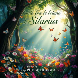 An enchanting book cover design showcasing a magical forest teeming with colorful butterflies and an array of vibrant flowers in full bloom