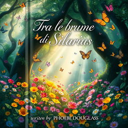 An enchanting book cover design showcasing a magical forest teeming with colorful butterflies and an array of vibrant flowers in full bloom