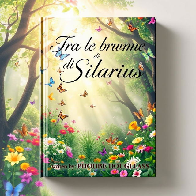 An enchanting book cover design showcasing a magical forest teeming with colorful butterflies and an array of vibrant flowers in full bloom