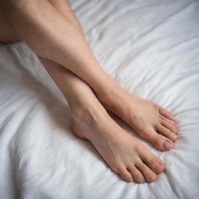 Realistic image of a young boy's feet, aged 18, beautifully maintained. They are stretched out on a comfortable bed, relaxed and at ease.