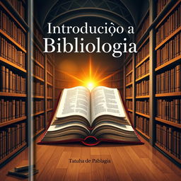 A book cover design for 'Introdução à Bibliologia', featuring a beautifully illustrated open Bible in the center, surrounded by a warm golden light