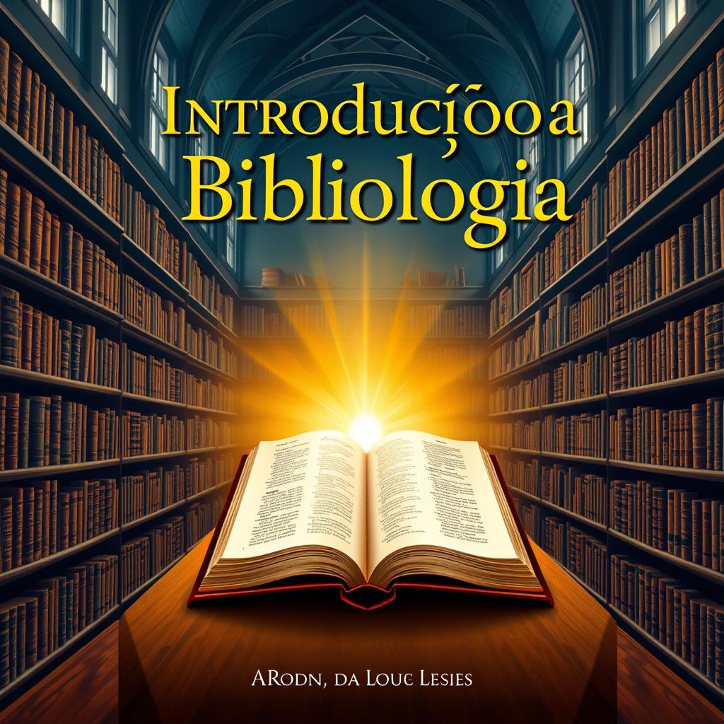 A book cover design for 'Introdução à Bibliologia', featuring a beautifully illustrated open Bible in the center, surrounded by a warm golden light