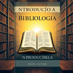 A book cover design for 'Introdução à Bibliologia', featuring a beautifully illustrated open Bible in the center, surrounded by a warm golden light