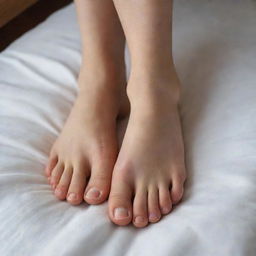 Realistic image of a young boy's feet, aged 18, beautifully maintained. They are stretched out on a comfortable bed, relaxed and at ease.