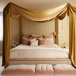 A luxurious bedroom fit for a princess with a canopy bed, fluffy pillows, velvet curtains, crystal chandelier, and decorative golden elements.