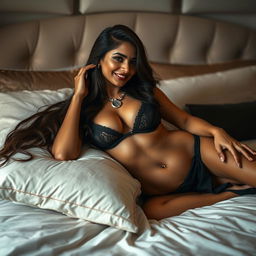 A sultry Indian MILF reclining on a luxurious bed, elegantly displaying her belly button piercing in a seductive and alluring pose