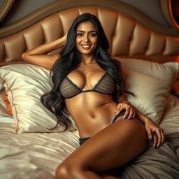 A sultry Indian MILF reclining on a luxurious bed, elegantly displaying her belly button piercing in a seductive and alluring pose