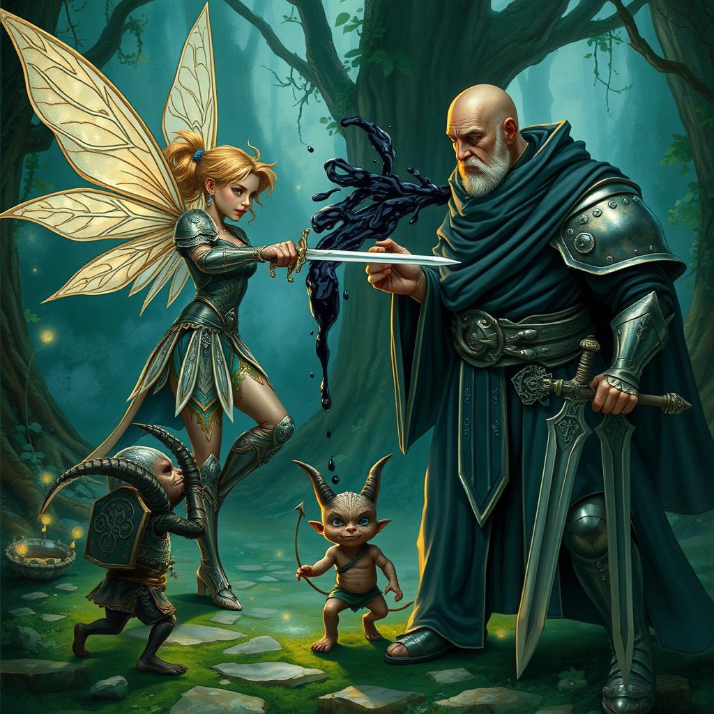 A scene from a Dungeons & Dragons adventure featuring a fairy in intricate armor pointing a sword at a bald monk who is releasing black liquid from his body