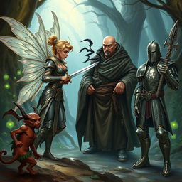 A scene from a Dungeons & Dragons adventure featuring a fairy in intricate armor pointing a sword at a bald monk who is releasing black liquid from his body